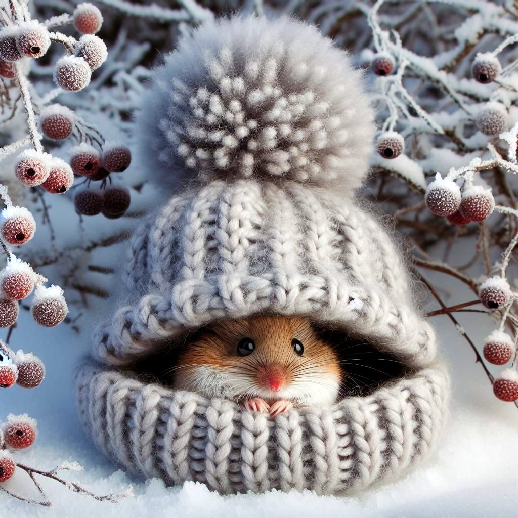 Mouse Snuggled in a Wool Hat on Snowy Ground