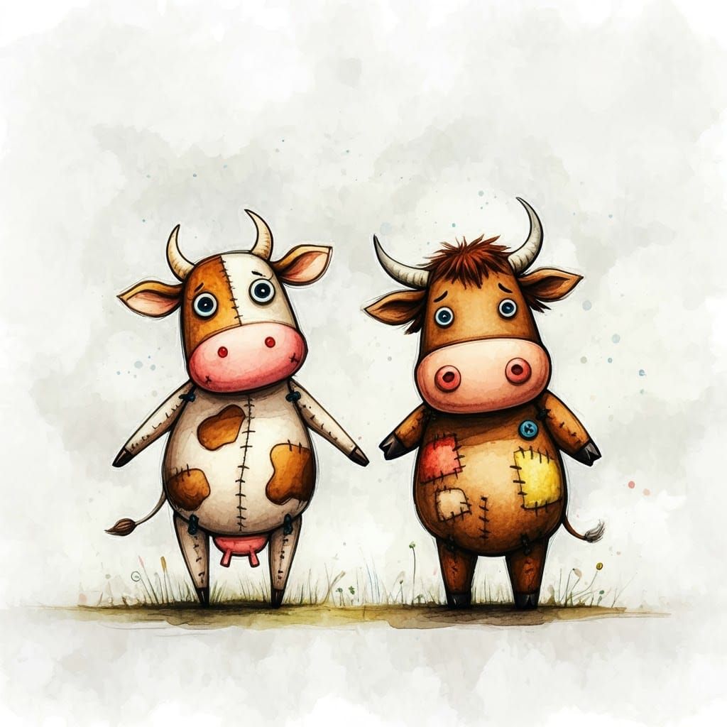 Charming Ink Wash Sketch of Cartoon Cows