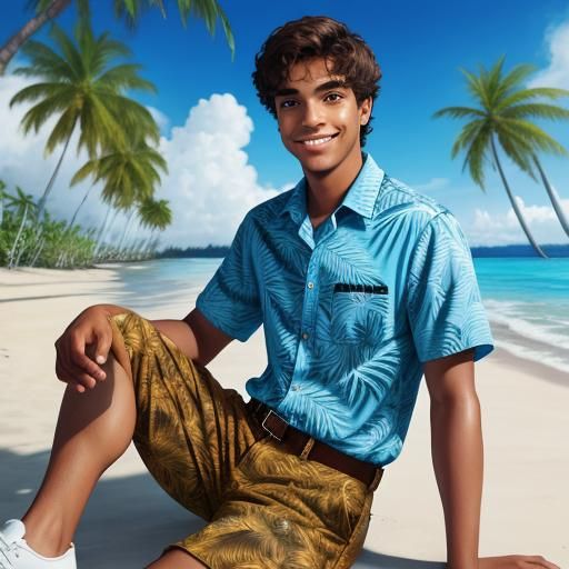 Smiling Teen Boy with Binoculars on Tropical Beach