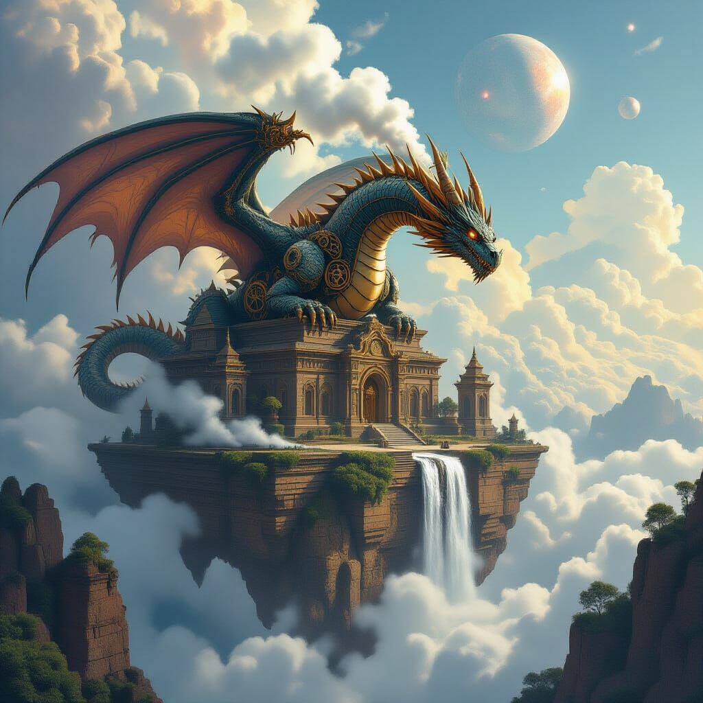 Steampunk Dragon Guards Ancient Temple On Floating Island
