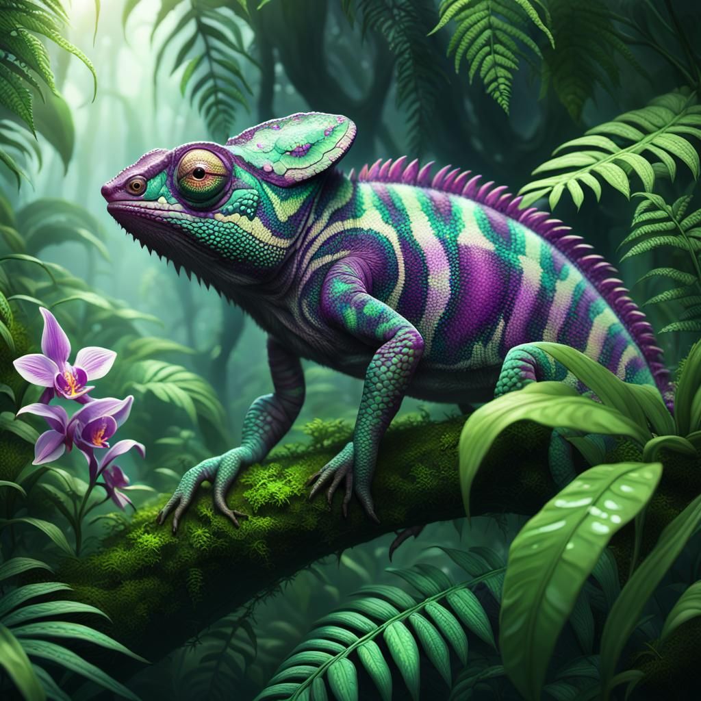 Orchid Chameleon: Exotic Jungle Fantasy Art