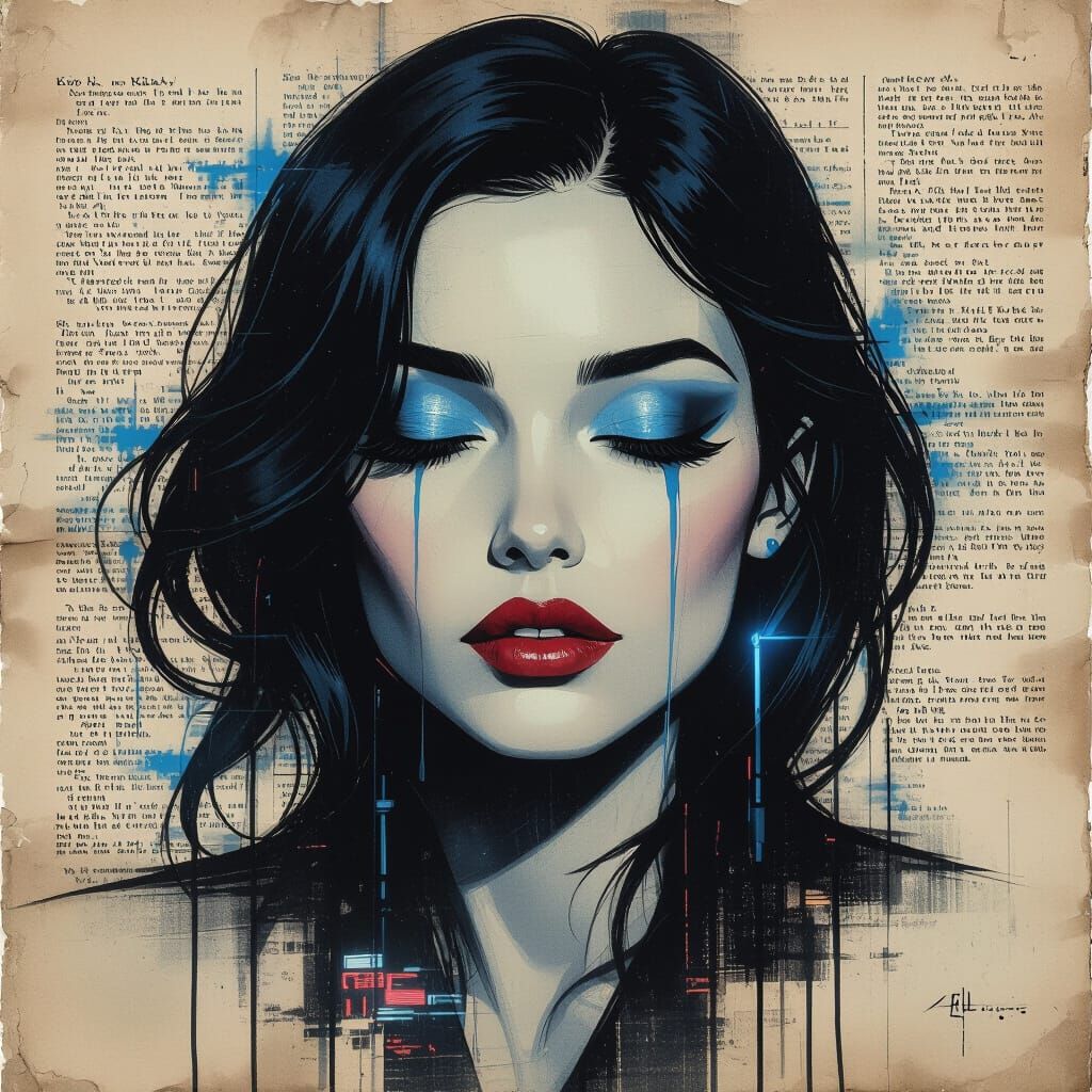 Cyberpunk Woman's Face on Aged Paper