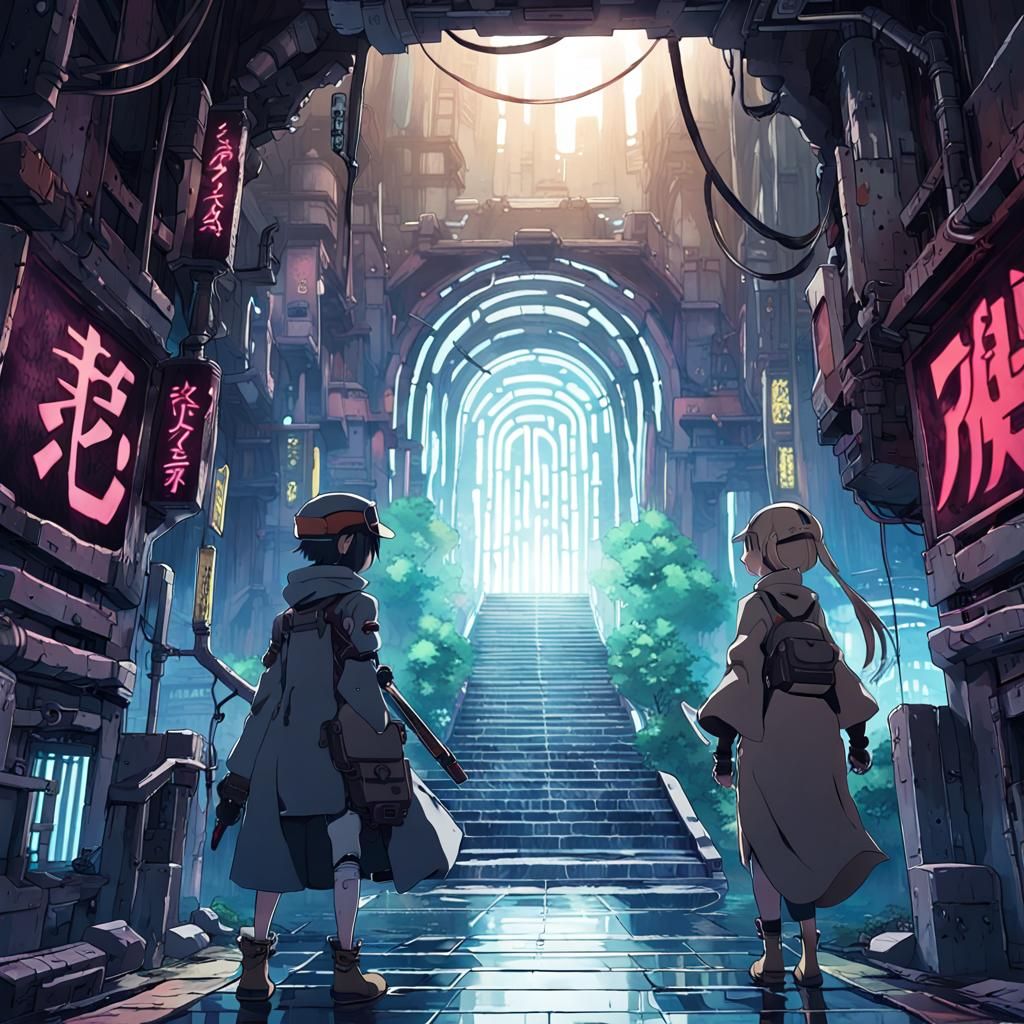 Cyberpunk Dungeon Entrance in Anime Style