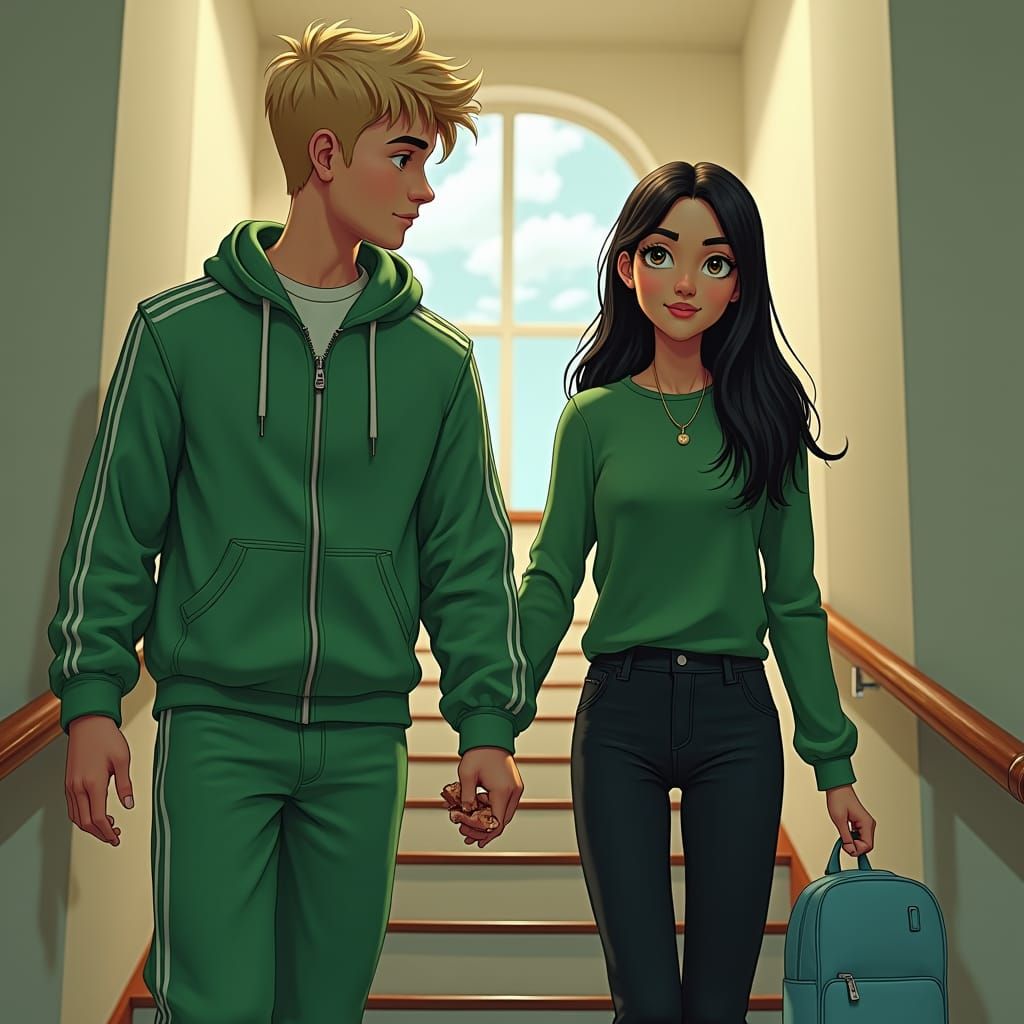 Fantasy Art: Man Hands Woman Chocolate on Stairs