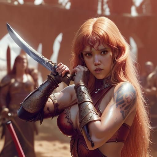 Red Sonja with Sword, Expressive Detailed Color