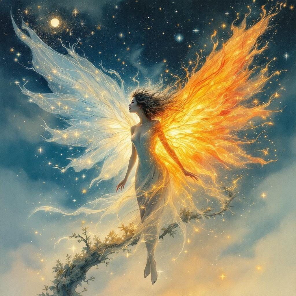 Moon and Fire Fairy in Art Nouveau Style