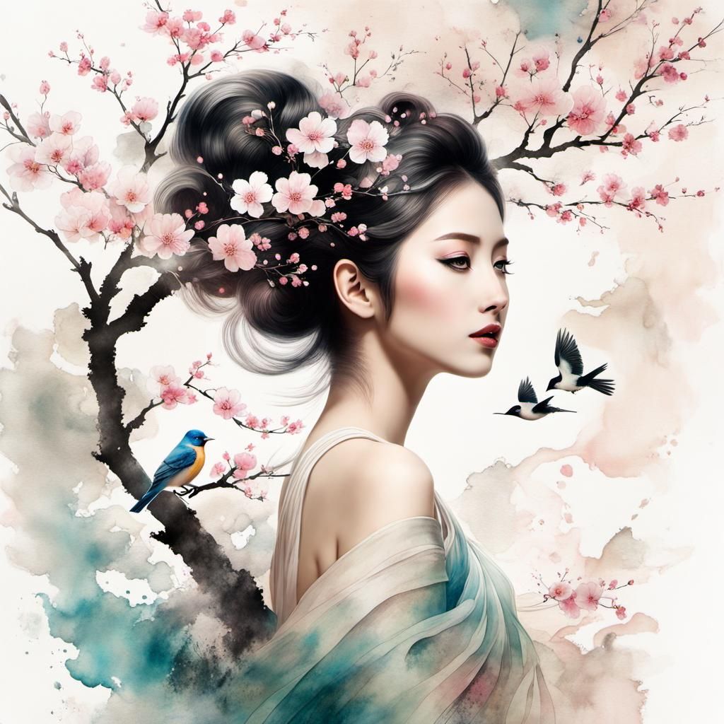 Goddess with Blossoms and Birds in Chinese Ink Style