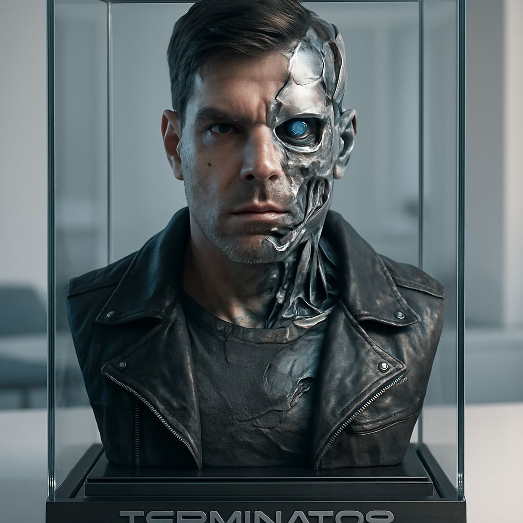Cyborg Bust in Display Case: Human and T-1000 Fusion