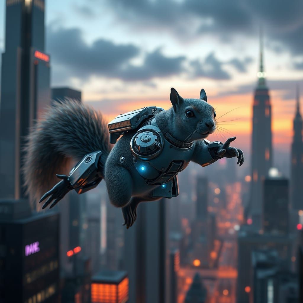 Sci-Fi Squirrel Flying Over Cyberpunk Cityscape