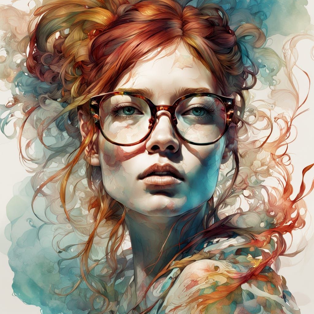 Crimson locks cascade, Pages turn with quiet fire, Worlds bloom in her gaze.