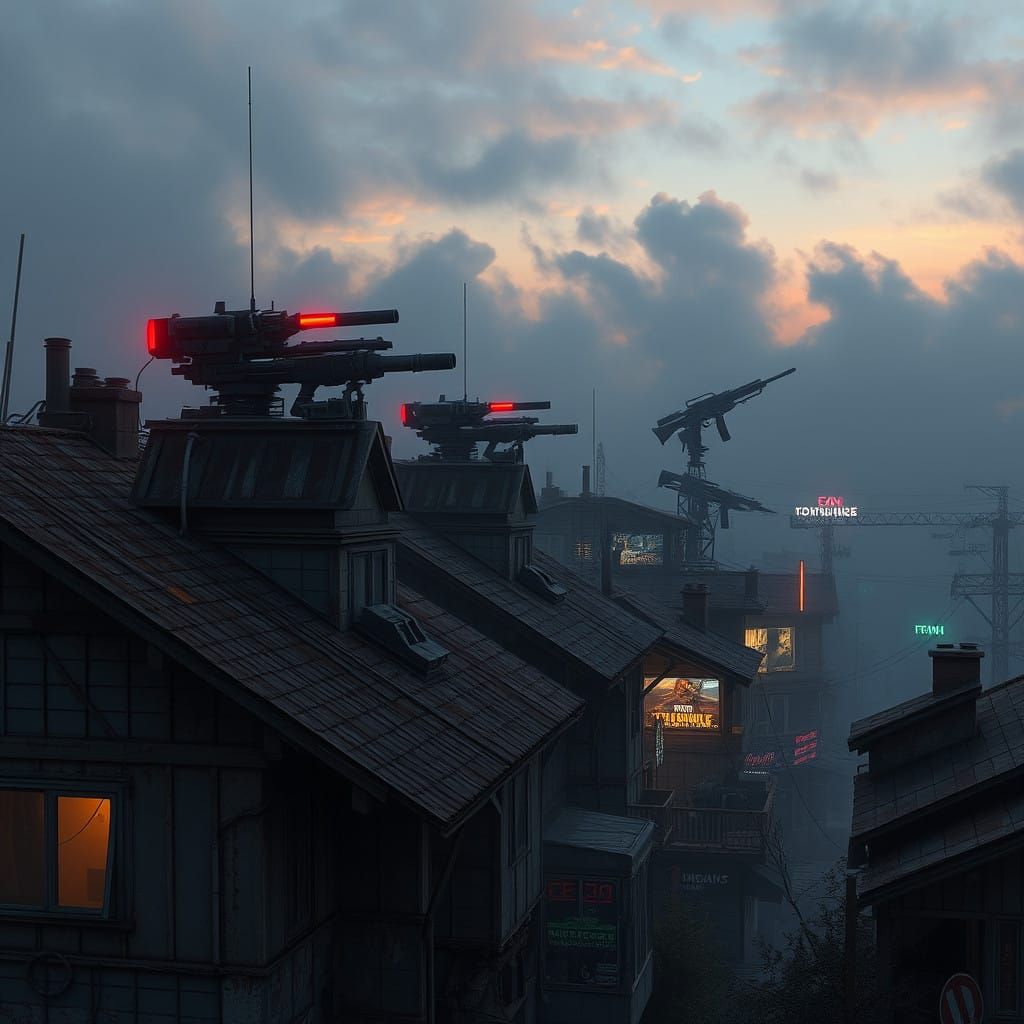 Dystopian Neighborhood at Dusk, with Fortified Houses and Au...