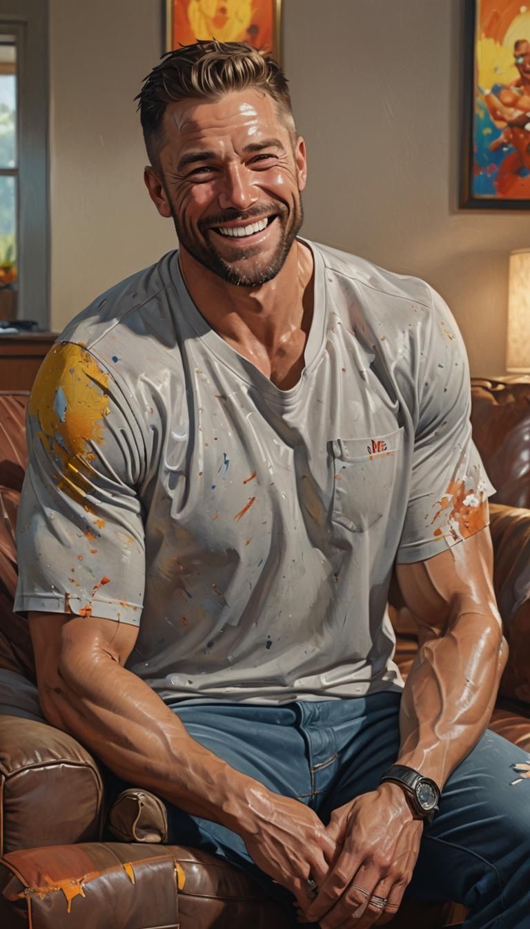 Hyperrealistic Muscular Man Sitting in Living Room