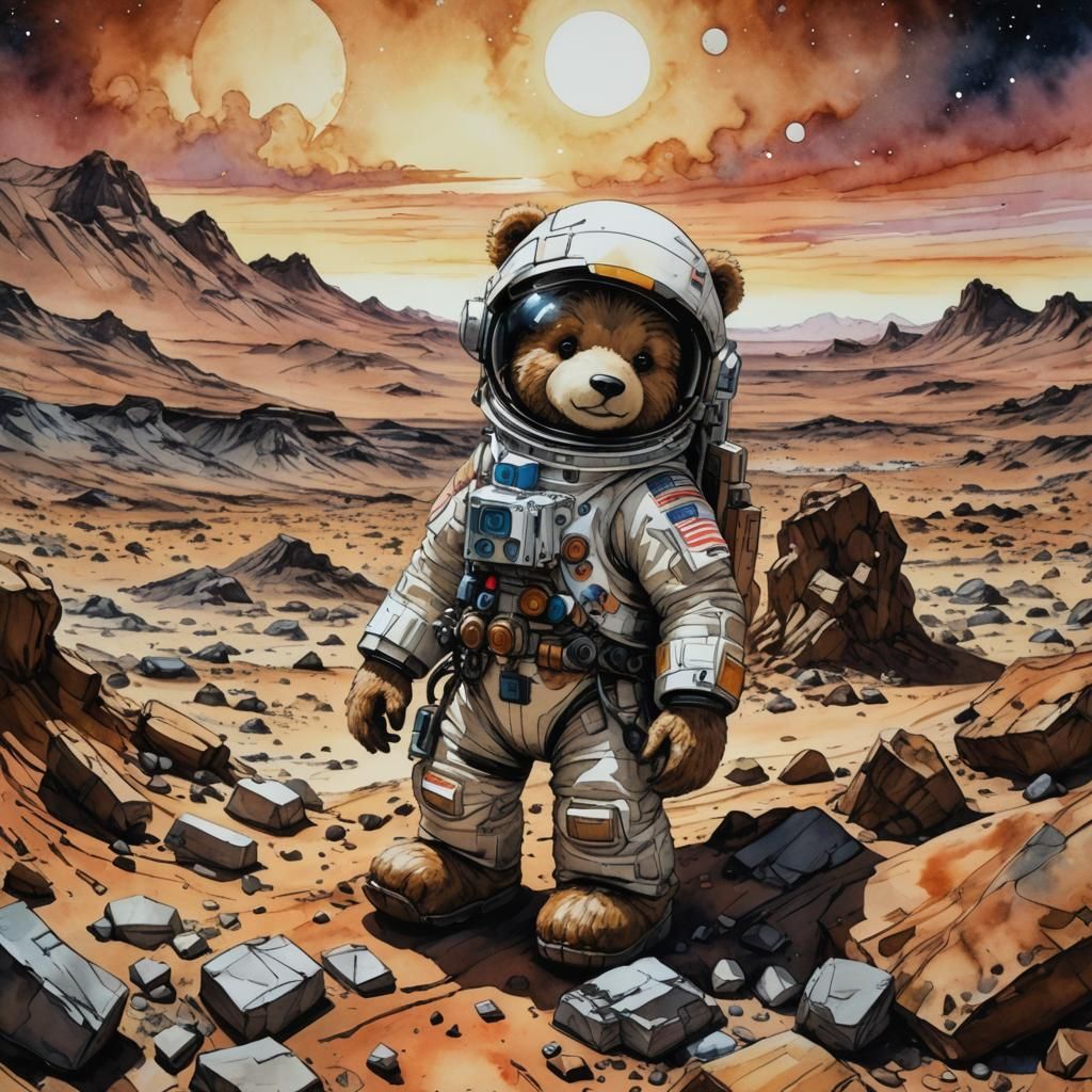 Teddy Bear on Mars: Watercolor Comic Illustration