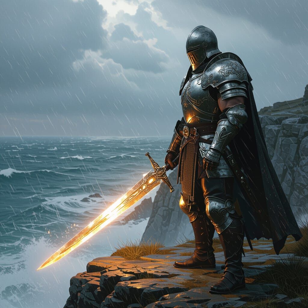 Stormy Sea Knight with Glowing Sword, Hyperrealistic