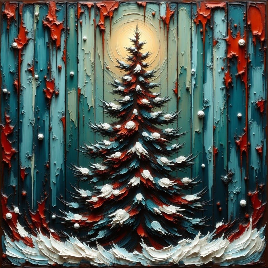 Vibrant Abstract Christmas Scene in Distressed Wooden Slats...