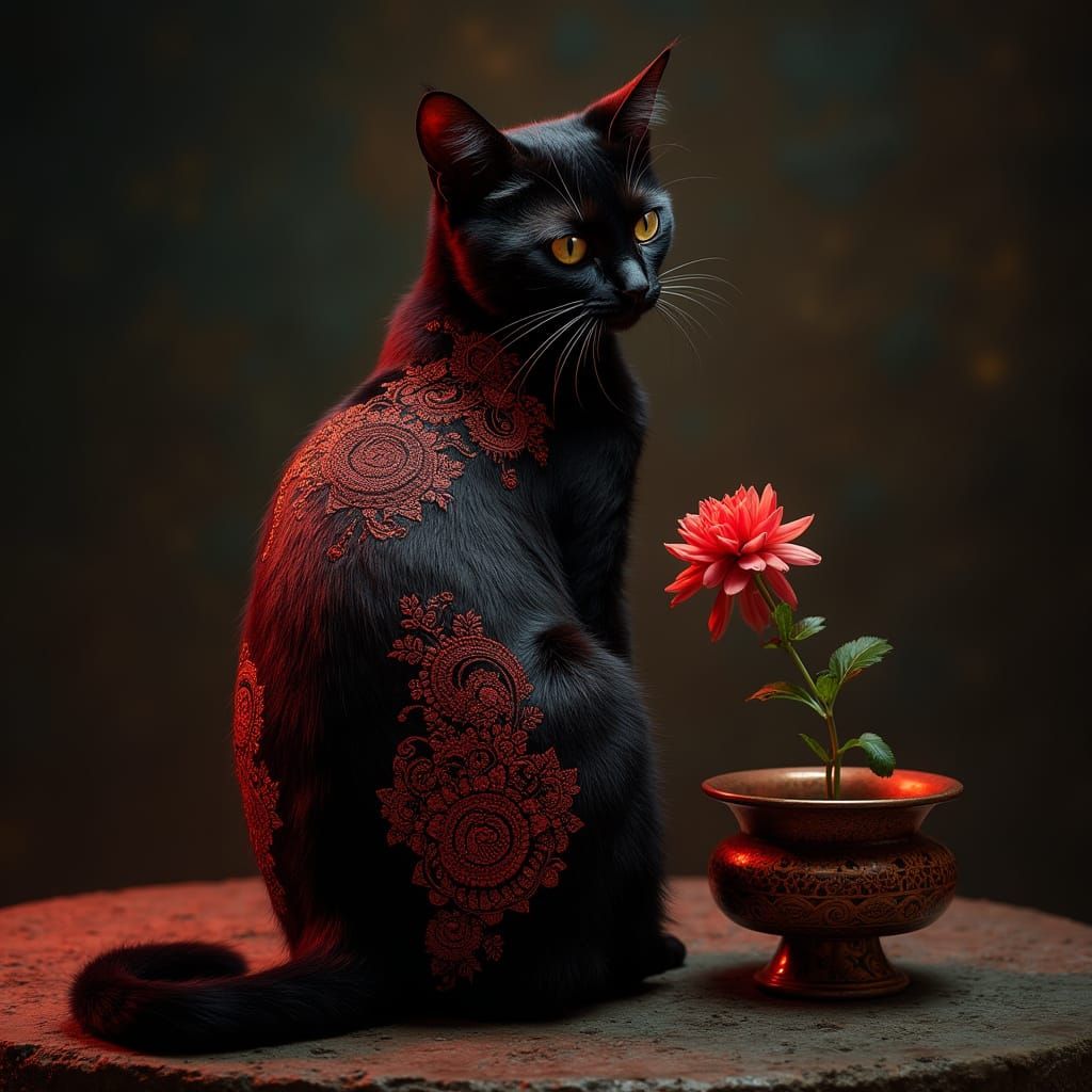 Mystical Cat with Glowing Henna Mehndi Designs