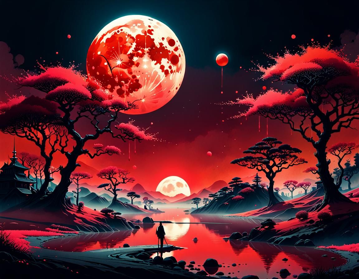 Ominous Red Moon Ink Drawing on Aged Paper