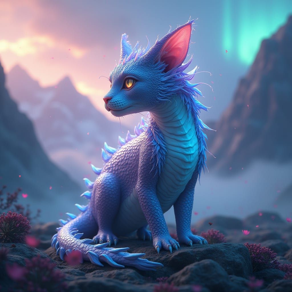Majestic Cat Dragon in Vibrant, Dreamlike Landscape