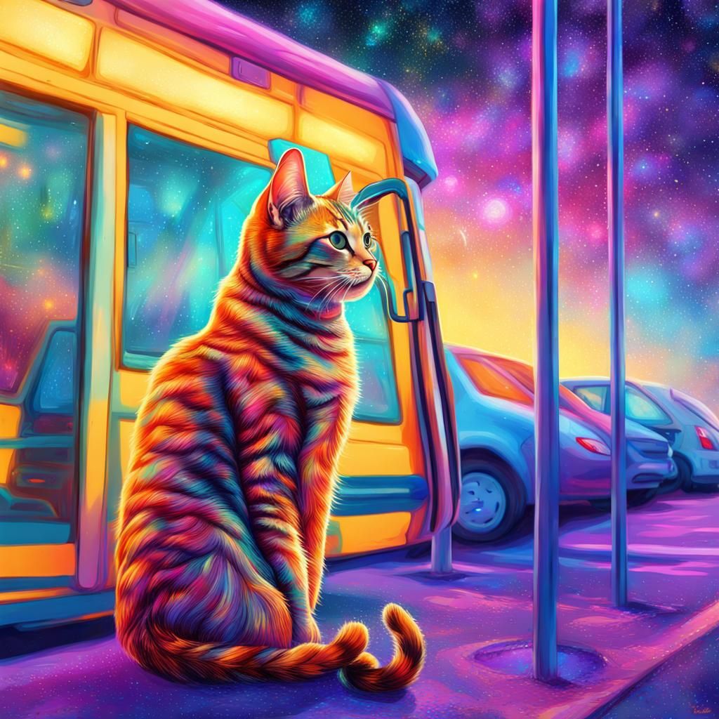 Cat at Crowded Beach Bus Stop Illustration