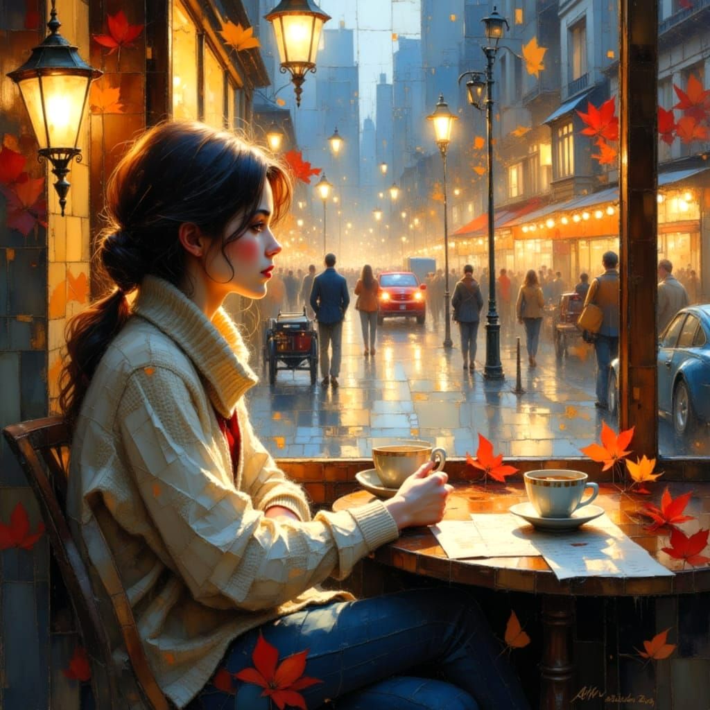 Rainy Day Coffee Shop in Watercolor Style