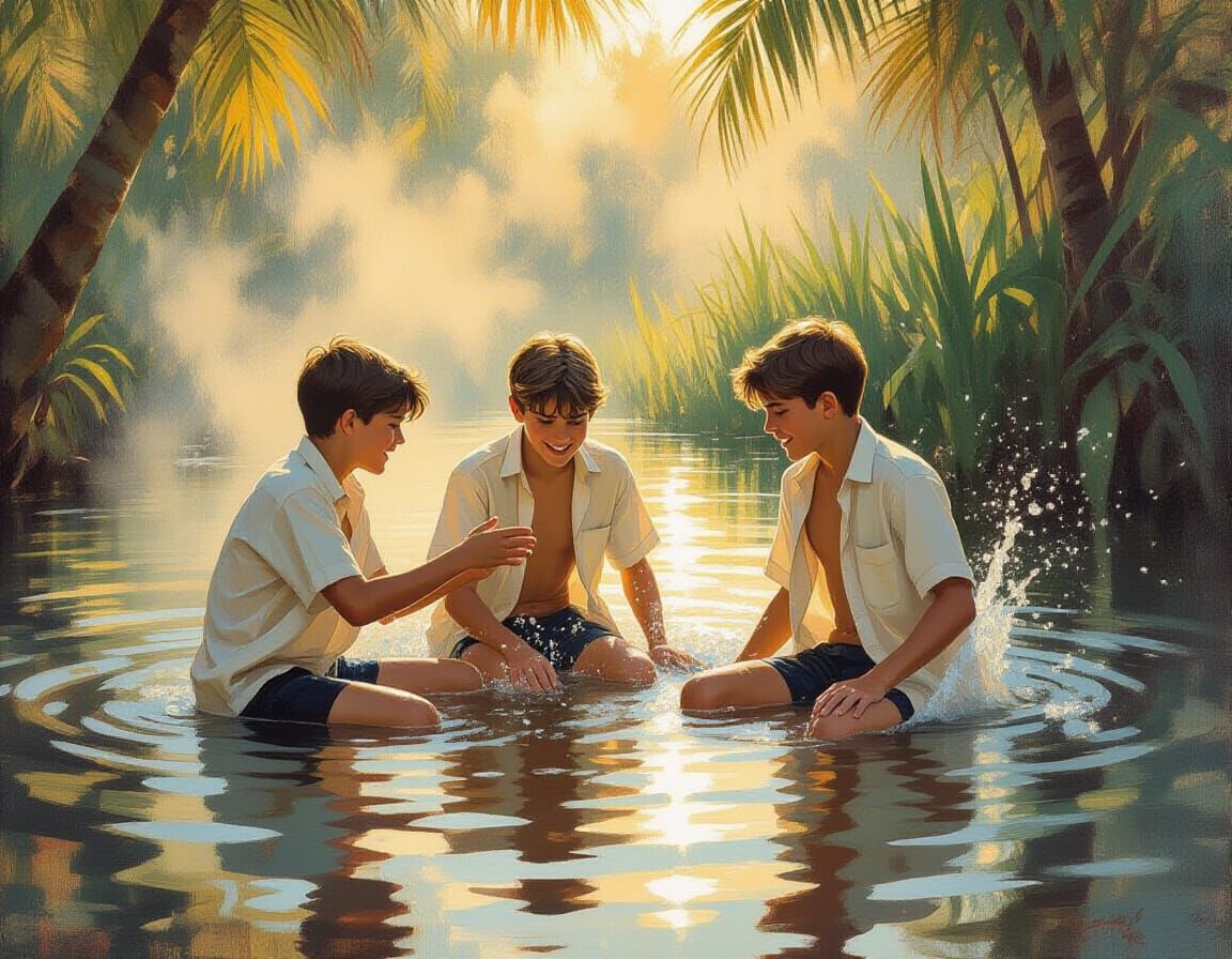 Boys Bathing in a Tropical Pond, Oil Painting
