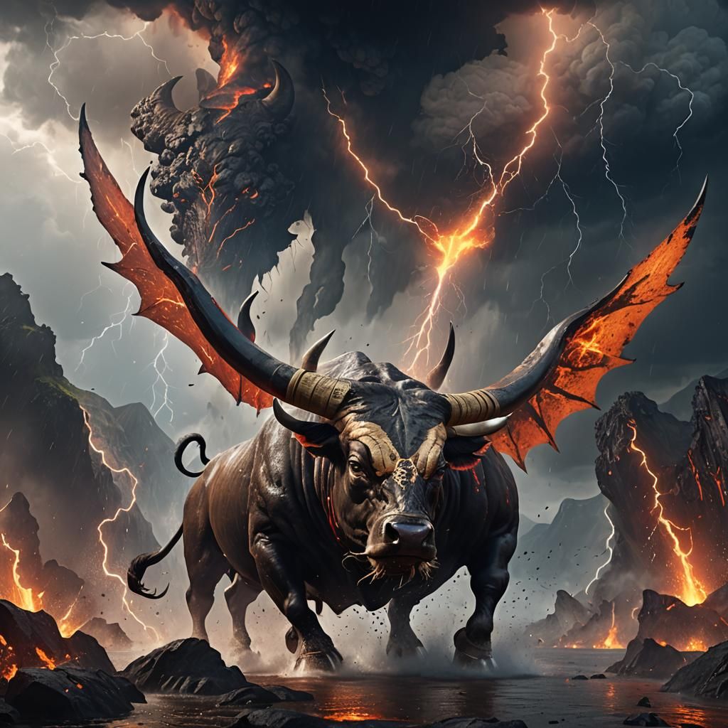 Winged Lava Bull in Volcanic Eruption