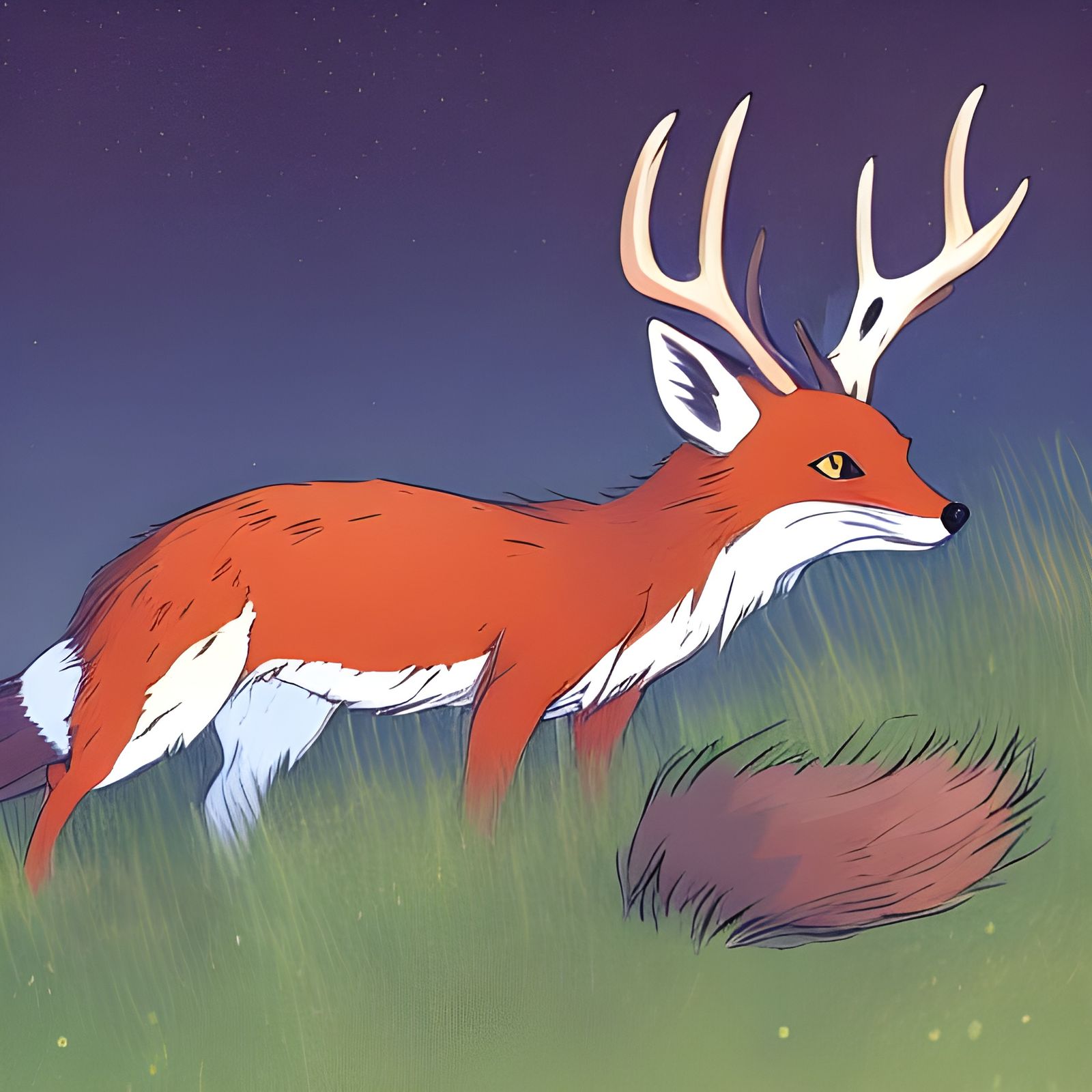 Fox with Antlers and Tail in Anime Style
