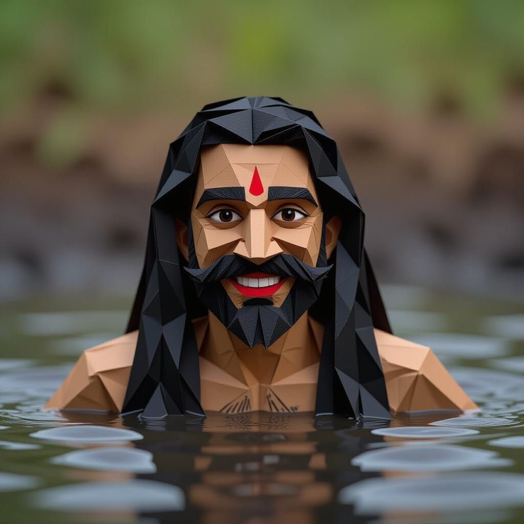 Origami Man Bathes in Mud with Handlebar Mustache