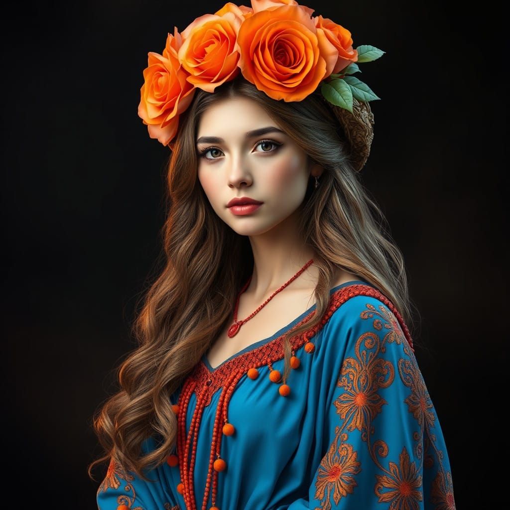 Serene Lady Wears Vibrant Floral Hat in Renaissance Style