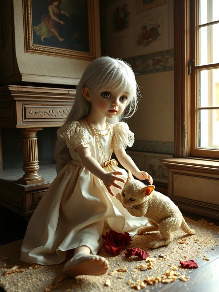 Surreal 3D Scene of Doll Girl and Kitten in Whimsical Wonder...