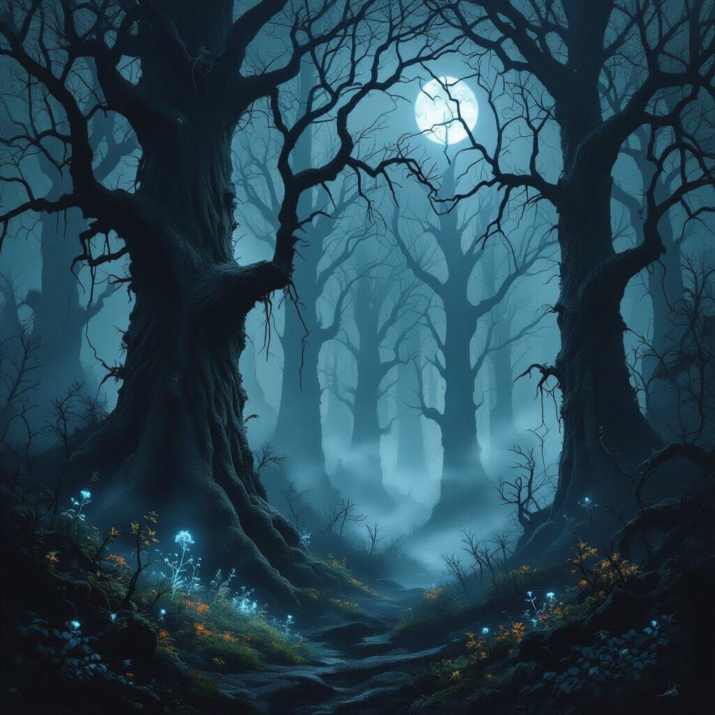 Dark Mystical Garden with Ancient Trees