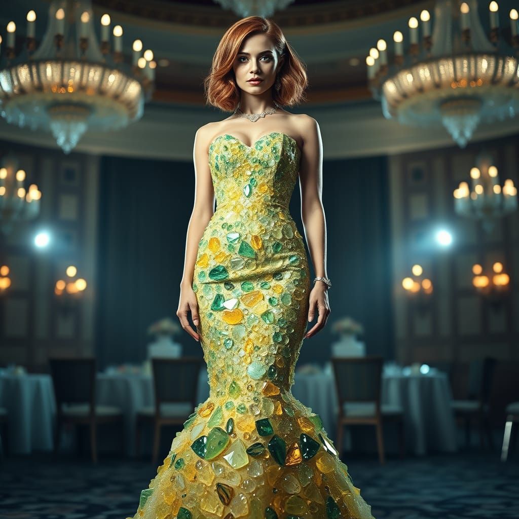 Luxurious Woman in Crystal Gown Against High-Contrast Backdr...