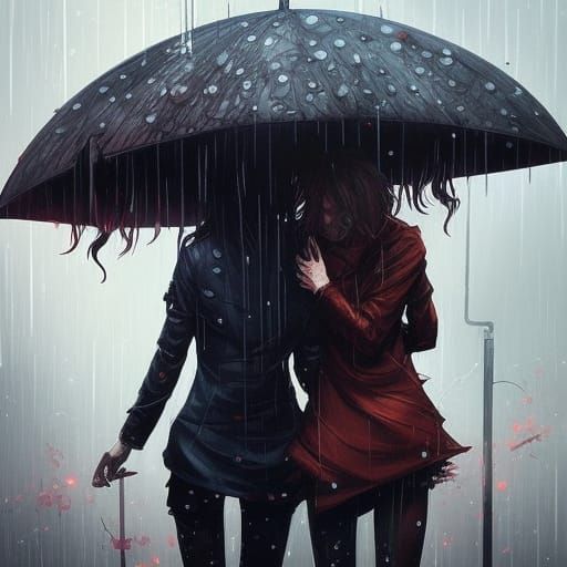 Friends Laughing in Rainy Dark Fantasy Art