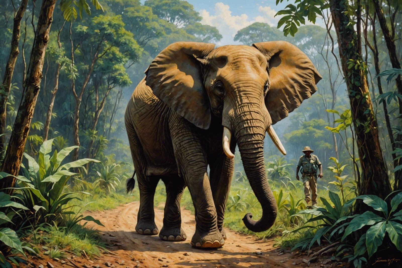 Elephant in African Jungle Oil Painting