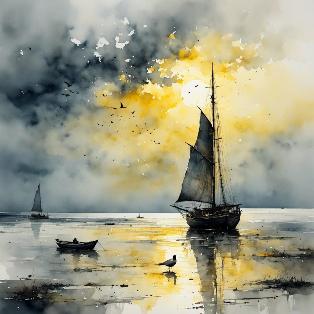 Dawn Seascape with Boat in Antique Watercolor Style