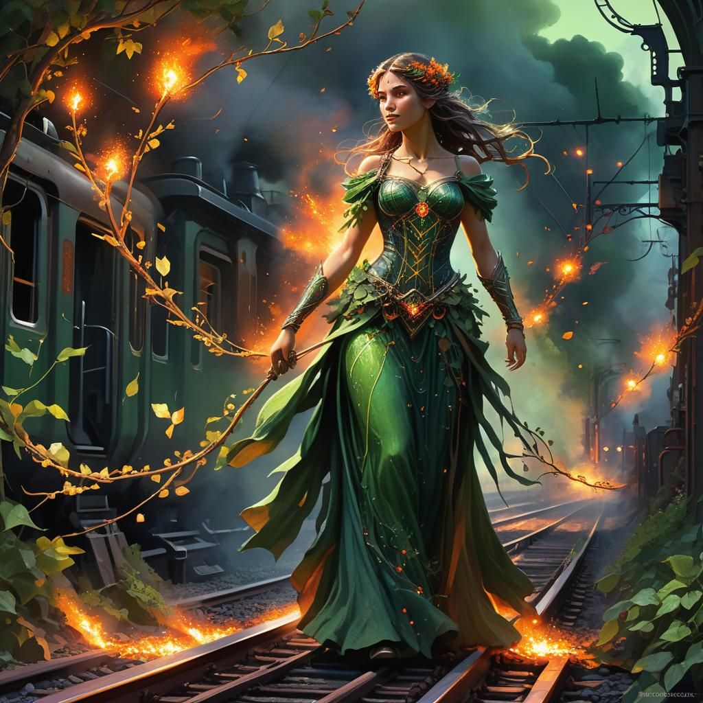 Greenwoman Guardian of Mystical Railway: Fantasy Art