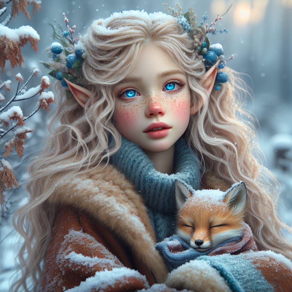 Elf Girl with Baby Fox in Snowy Landscape