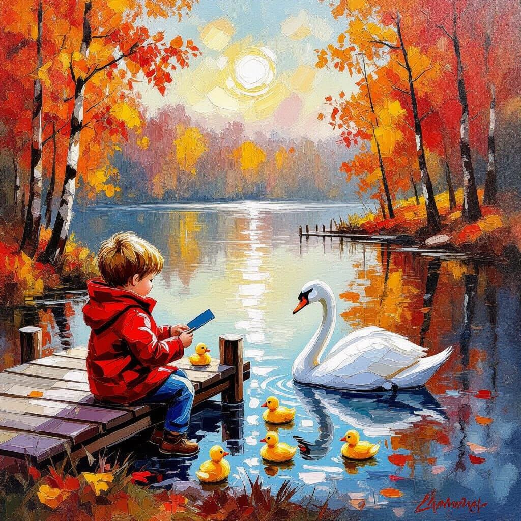 Boy Feeds Ducks by Autumn Lake in Van Gogh Style