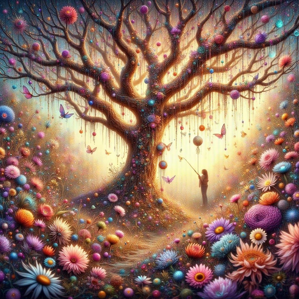 Whimsical Tree in a Vibrant Floral Wonderland