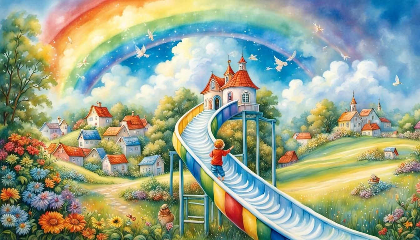 Heavenly Rainbow Slide: Nostalgic Village Scene