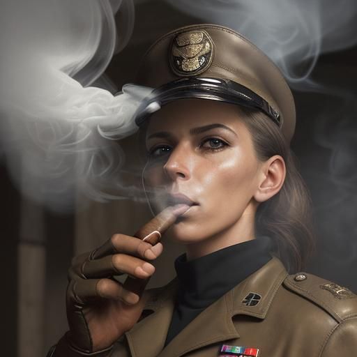 Female Officer Smoking Cigar in Tan Leather Uniform