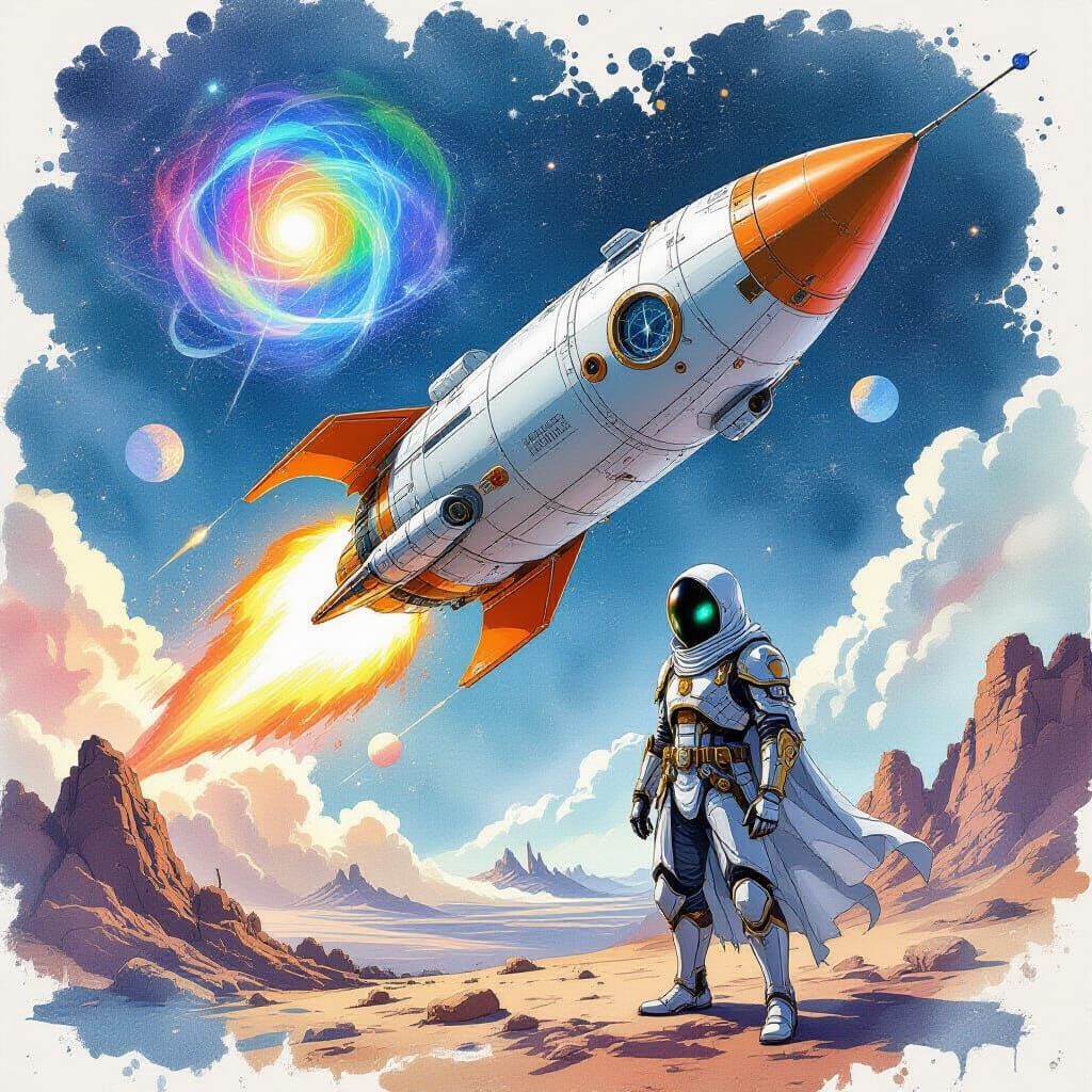 Steampunk Rocket Launch in Expressive Watercolor Style