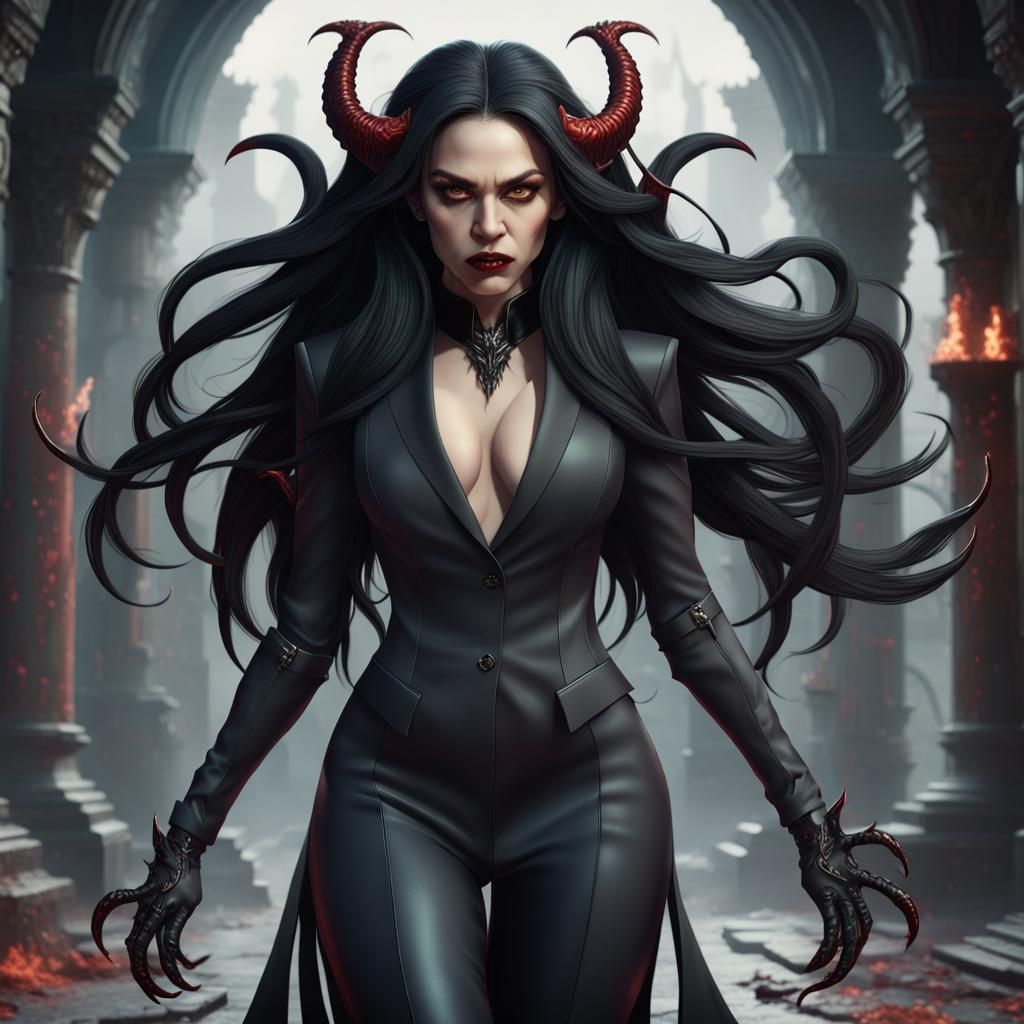 Demonic She-Devil in Black Suit: Fantasy Concept Art