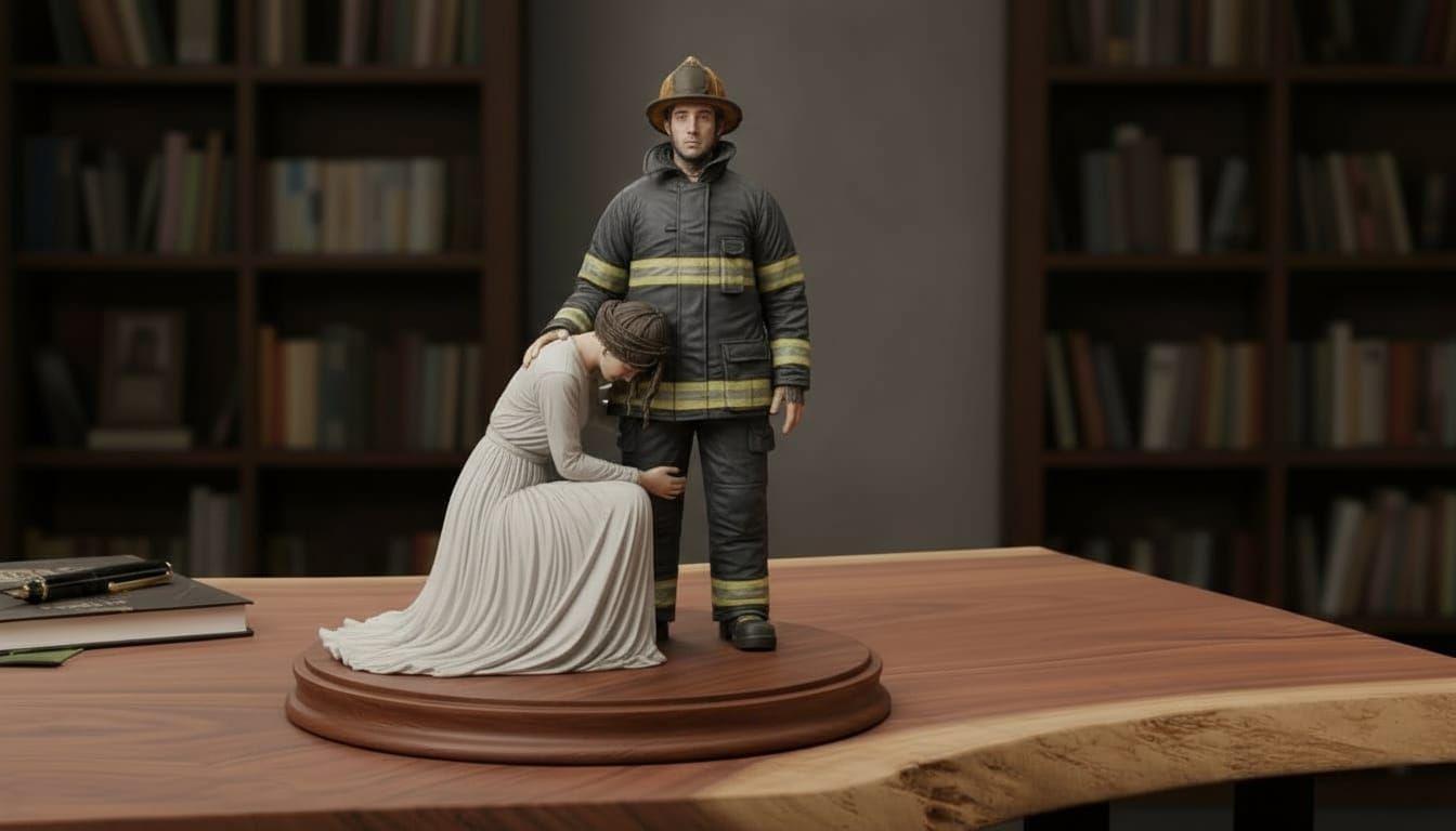 Figurine of Firefighter Comforting Joyful Wife