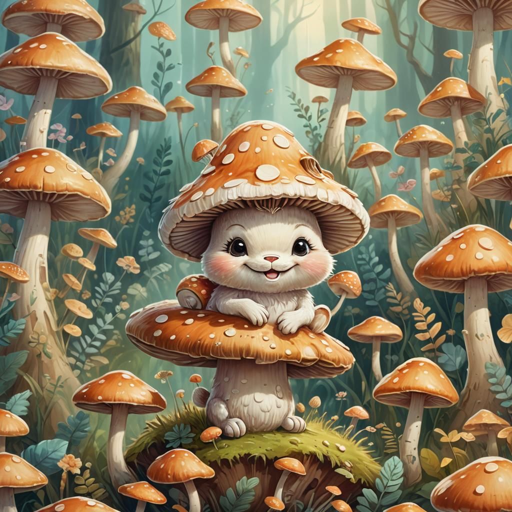 Smiling Cartoon Animal on Mushroom: Whimsical Digital Art