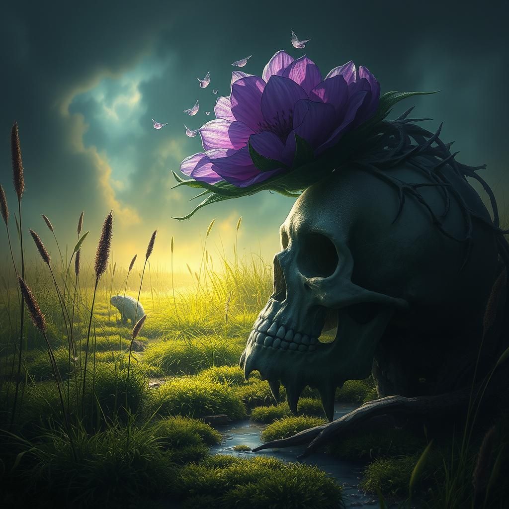 Dark Fantasy Skull in Overgrown Landscape