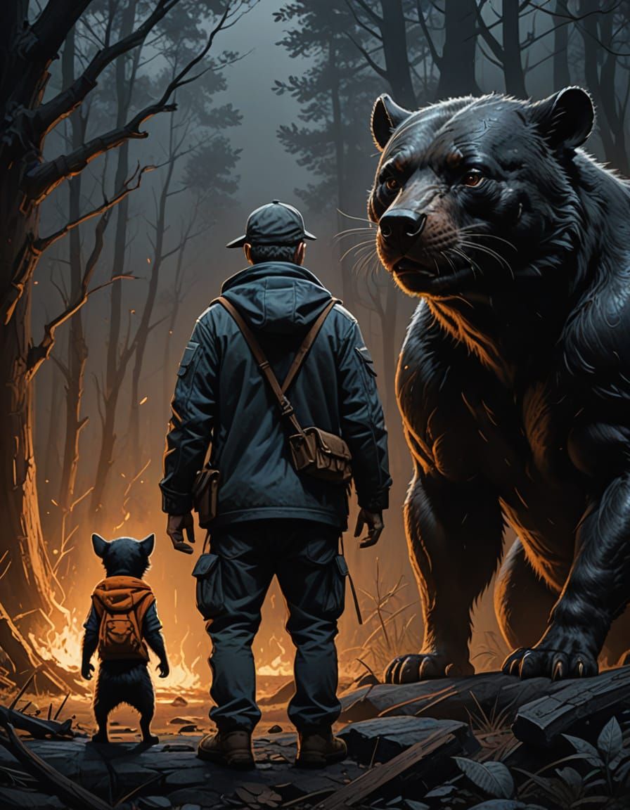 Cinematic Portrait of a Man with Whimsical Companions