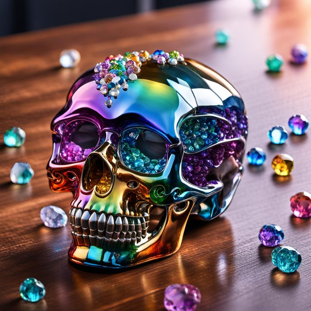Colorful Crystal Skull on Treasure Desk: 8K Digital Art