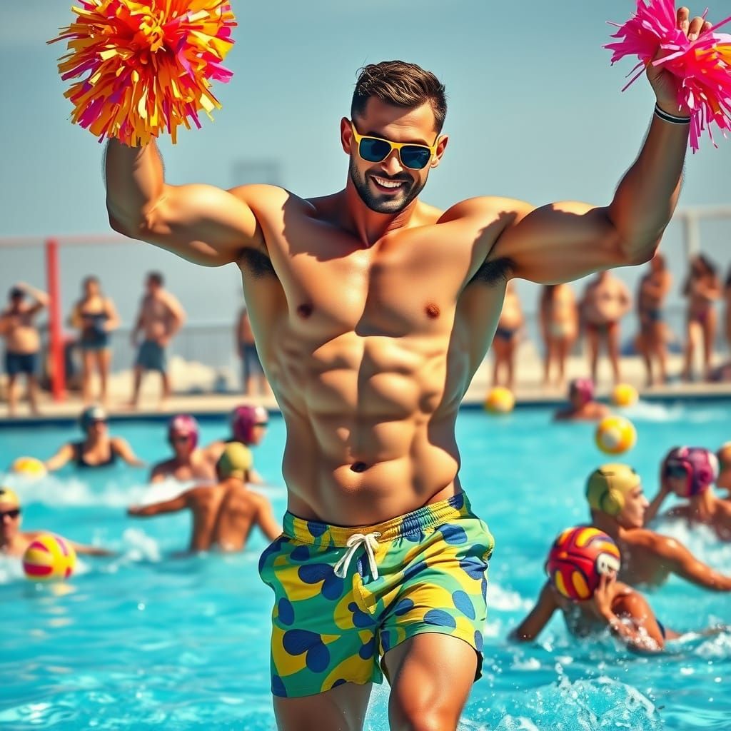 Muscular Man Cheerleading at Water Polo Event