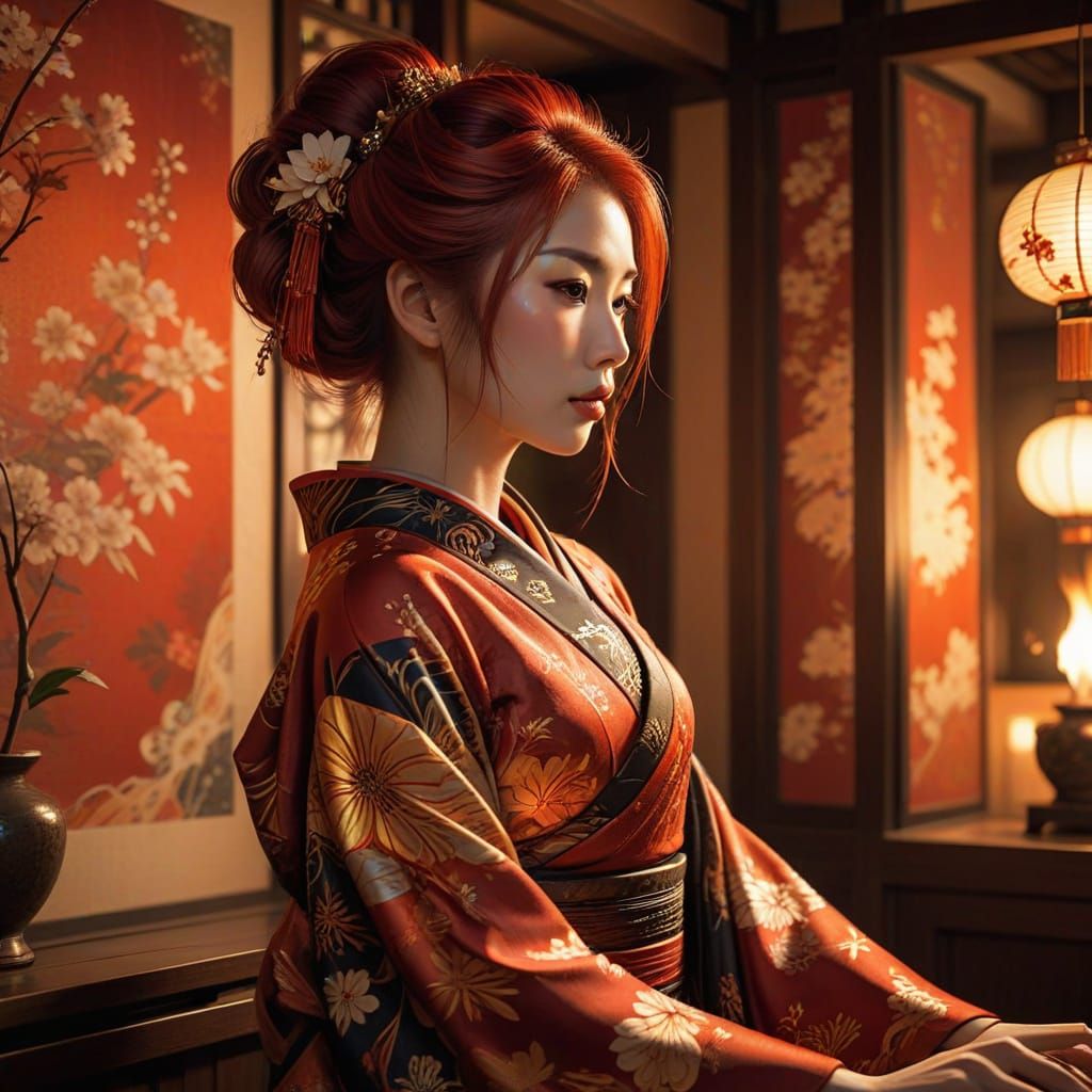 Geisha with Fiery Hair in Alphonse Mucha Style